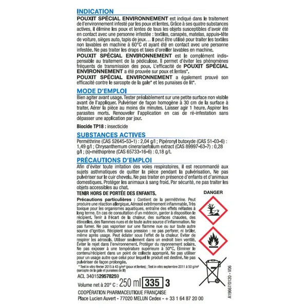 SPECIAL ENVIRONNEMENT - Traitement de l'Environnement Infesté Poux, Lentes et Punaises de Lit, 250ml