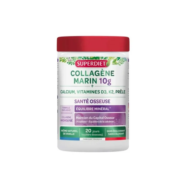Superdiet Collagène Marin 10 g + Calcium, Vitamine D3, K2, Prêle 240 g