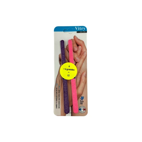 Vitry 12 Limes à Ongles sur Bois 17 cm dont 6 Offertes - Couleur : Violet et Rose